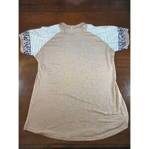 Womens XL Mixed Print Top Tan Raglan Stripe Leopard Animal Print Short Sleeve